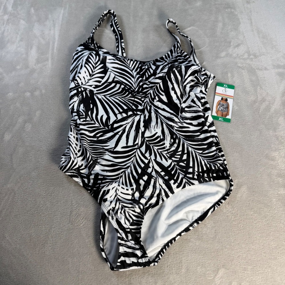 Ocean Pacific One Piece Swimsuit Palm Print Womens XL Black White Nylon Spandex